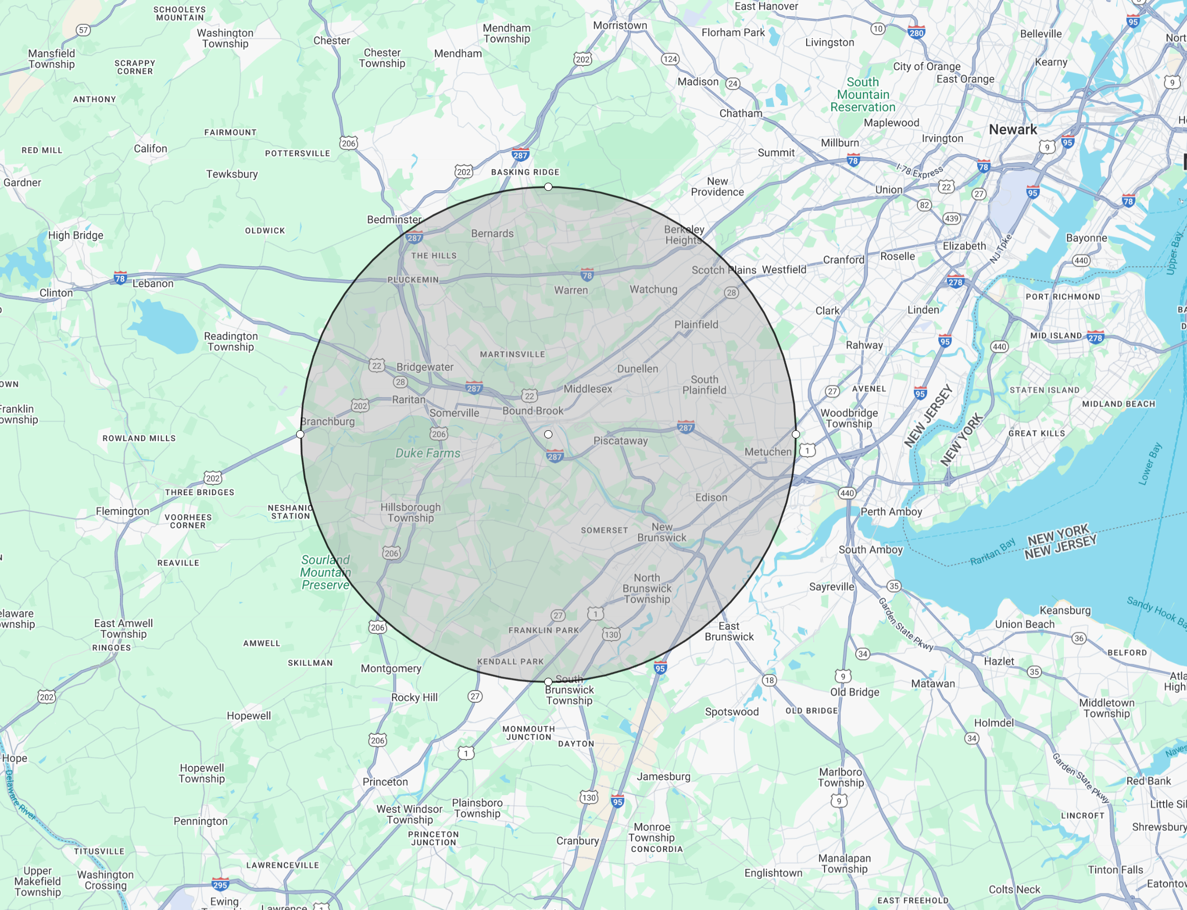 Map showing Madeline's Pet Pals service area around South Bound Brook, NJ